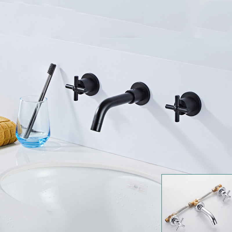 Modern Bathroom Faucet Wall Mounted Cross Handles Low Arc Faucet Black Short Clearhalo 'Bathroom Remodel & Bathroom Fixtures' 'Bathroom Sink Faucets' 'Bathroom Sinks & Faucet Components' 'bathroom_sink_faucets' 'Home Improvement' 'home_improvement' 'home_improvement_bathroom_sink_faucets' 7221210
