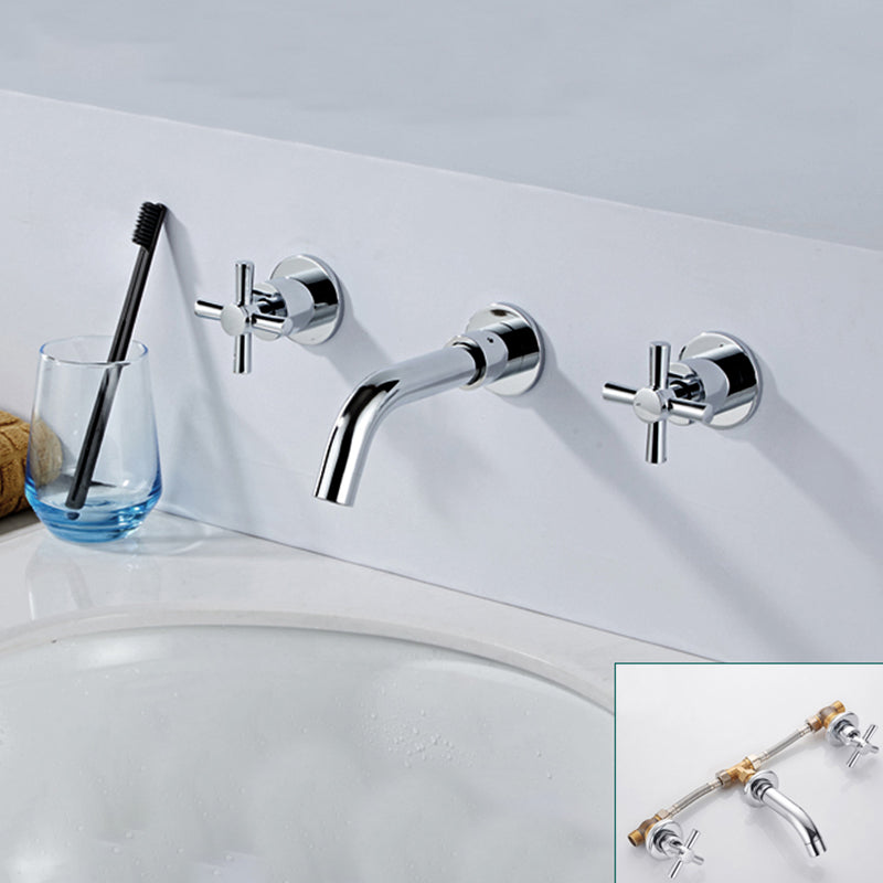 Modern Bathroom Faucet Wall Mounted Cross Handles Low Arc Faucet Silver Short Clearhalo 'Bathroom Remodel & Bathroom Fixtures' 'Bathroom Sink Faucets' 'Bathroom Sinks & Faucet Components' 'bathroom_sink_faucets' 'Home Improvement' 'home_improvement' 'home_improvement_bathroom_sink_faucets' 7221212