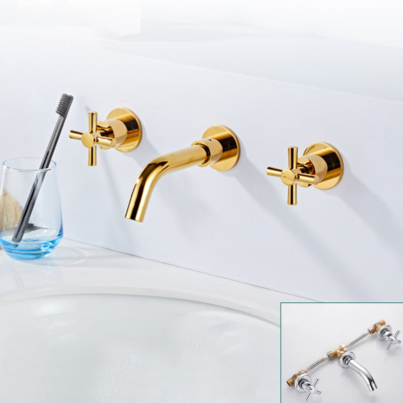 Modern Bathroom Faucet Wall Mounted Cross Handles Low Arc Faucet Gold Short Supply Lines Included Clearhalo 'Bathroom Remodel & Bathroom Fixtures' 'Bathroom Sink Faucets' 'Bathroom Sinks & Faucet Components' 'bathroom_sink_faucets' 'Home Improvement' 'home_improvement' 'home_improvement_bathroom_sink_faucets' 7221214