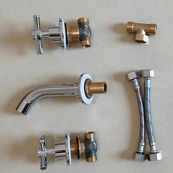 Modern Bathroom Faucet Wall Mounted Cross Handles Low Arc Faucet Clearhalo 'Bathroom Remodel & Bathroom Fixtures' 'Bathroom Sink Faucets' 'Bathroom Sinks & Faucet Components' 'bathroom_sink_faucets' 'Home Improvement' 'home_improvement' 'home_improvement_bathroom_sink_faucets' 7221220