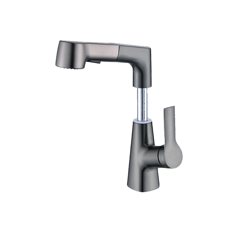 Modern Low Arc Sink Faucet with Single Handle Bathroom Lifting Faucet Gun Grey Clearhalo 'Bathroom Remodel & Bathroom Fixtures' 'Bathroom Sink Faucets' 'Bathroom Sinks & Faucet Components' 'bathroom_sink_faucets' 'Home Improvement' 'home_improvement' 'home_improvement_bathroom_sink_faucets' 7221227