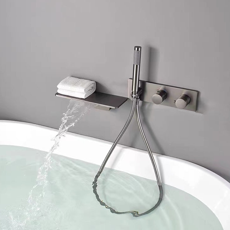 Modern Bath Faucet Solid Color Wall Mounted Waterfall Bathroom Faucet with Double Handle Clearhalo 'Bathroom Remodel & Bathroom Fixtures' 'Bathtub Faucets' 'bathtub_faucets' 'Home Improvement' 'home_improvement' 'home_improvement_bathtub_faucets' 7221546