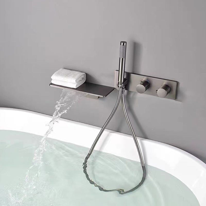 Modern Bath Faucet Solid Color Wall Mounted Waterfall Bathroom Faucet with Double Handle Silver Clearhalo 'Bathroom Remodel & Bathroom Fixtures' 'Bathtub Faucets' 'bathtub_faucets' 'Home Improvement' 'home_improvement' 'home_improvement_bathtub_faucets' 7221547