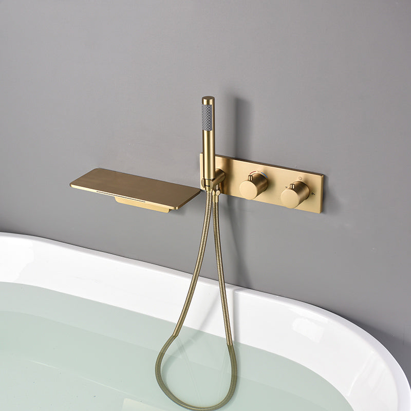 Modern Bath Faucet Solid Color Wall Mounted Waterfall Bathroom Faucet with Double Handle Gold Clearhalo 'Bathroom Remodel & Bathroom Fixtures' 'Bathtub Faucets' 'bathtub_faucets' 'Home Improvement' 'home_improvement' 'home_improvement_bathtub_faucets' 7221550