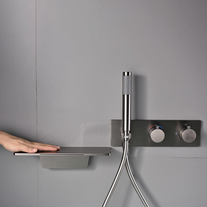 Modern Bath Faucet Solid Color Wall Mounted Waterfall Bathroom Faucet with Double Handle Clearhalo 'Bathroom Remodel & Bathroom Fixtures' 'Bathtub Faucets' 'bathtub_faucets' 'Home Improvement' 'home_improvement' 'home_improvement_bathtub_faucets' 7221555