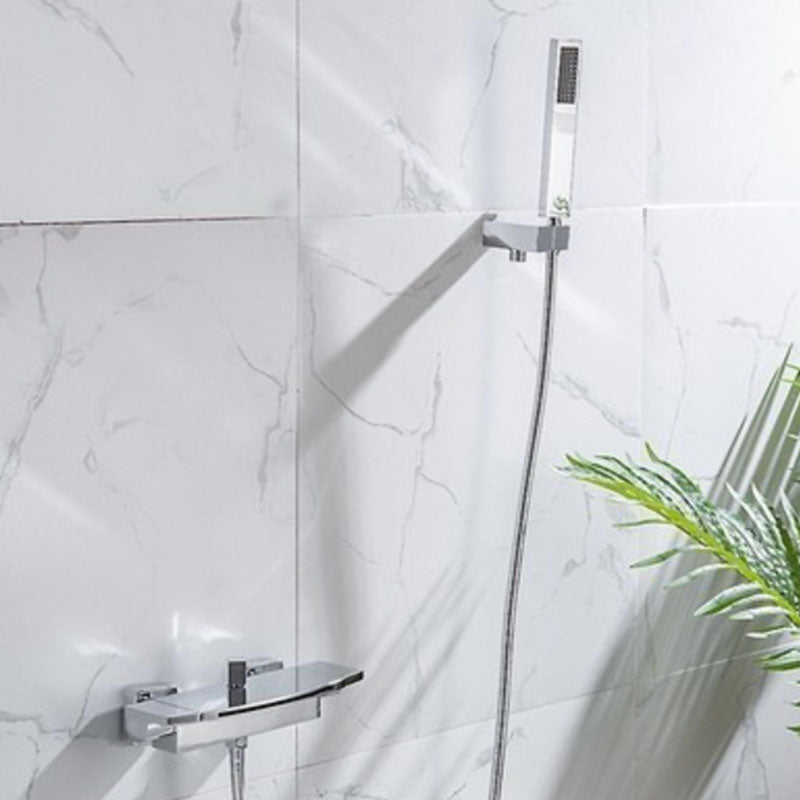 Wall Mounted Bath Faucet Solid Color Waterfall Bathroom Faucet Silver Hand Shower Included Clearhalo 'Bathroom Remodel & Bathroom Fixtures' 'Bathtub Faucets' 'bathtub_faucets' 'Home Improvement' 'home_improvement' 'home_improvement_bathtub_faucets' 7221583