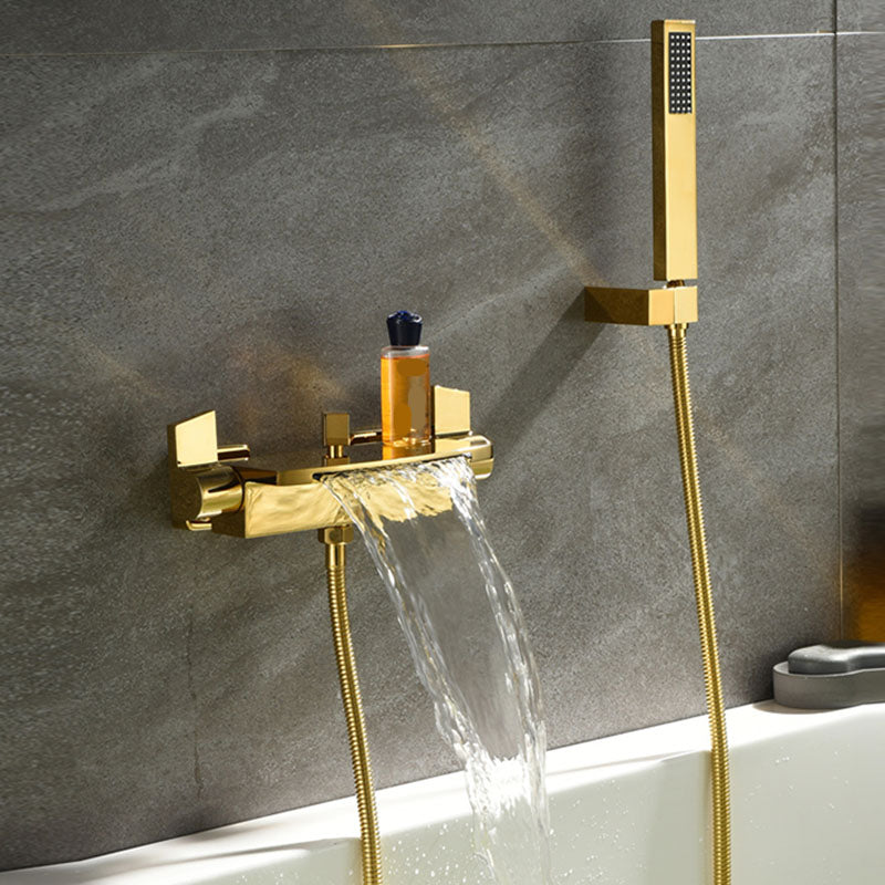 Wall Mounted Bath Faucet Solid Color Waterfall Bathroom Faucet Gold Hand Shower Included Clearhalo 'Bathroom Remodel & Bathroom Fixtures' 'Bathtub Faucets' 'bathtub_faucets' 'Home Improvement' 'home_improvement' 'home_improvement_bathtub_faucets' 7221591
