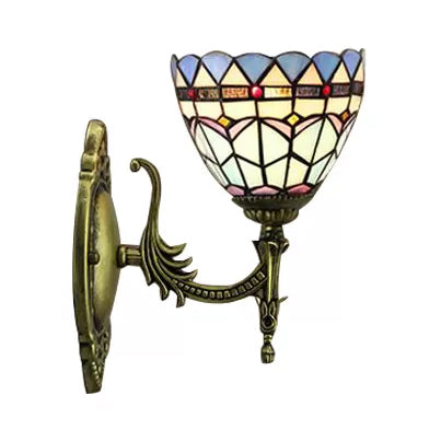 Baroque Bowl Wall Light Fixture 1 Light Blue Glass Mini Sconce Lighting in Antique Brass Clearhalo 'Industrial' 'Middle century wall lights' 'Tiffany wall lights' 'Tiffany' 'Wall Lamps & Sconces' 'Wall Lights' Lighting' 7224