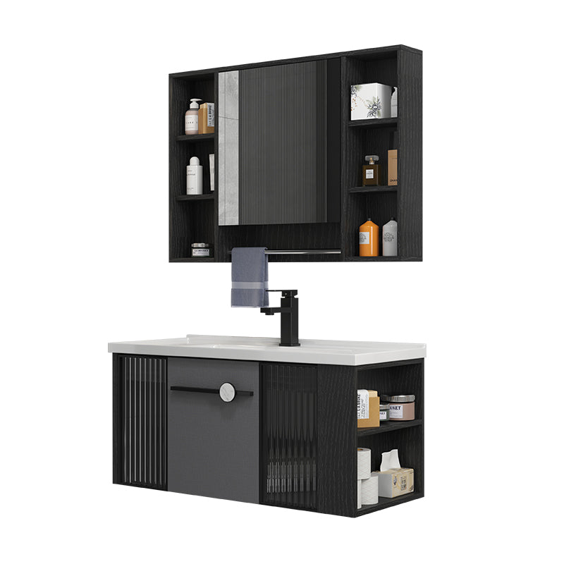 Modern Wall Mount Bathroom Vanity Black Glass Single-Sink Rectangular Vanity Sink Clearhalo 'Bathroom Remodel & Bathroom Fixtures' 'Bathroom Vanities' 'bathroom_vanities' 'Home Improvement' 'home_improvement' 'home_improvement_bathroom_vanities' 7224934