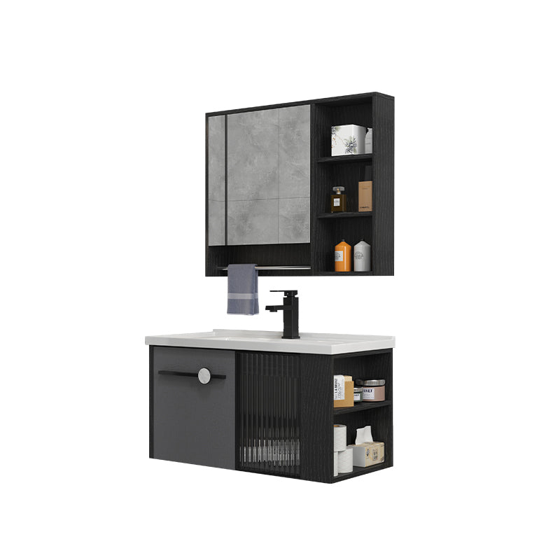 Modern Wall Mount Bathroom Vanity Black Glass Single-Sink Rectangular Vanity Sink Vanity & Faucet & Mirror Cabinet 32"L x 16"W x 18"H Clearhalo 'Bathroom Remodel & Bathroom Fixtures' 'Bathroom Vanities' 'bathroom_vanities' 'Home Improvement' 'home_improvement' 'home_improvement_bathroom_vanities' 7224935