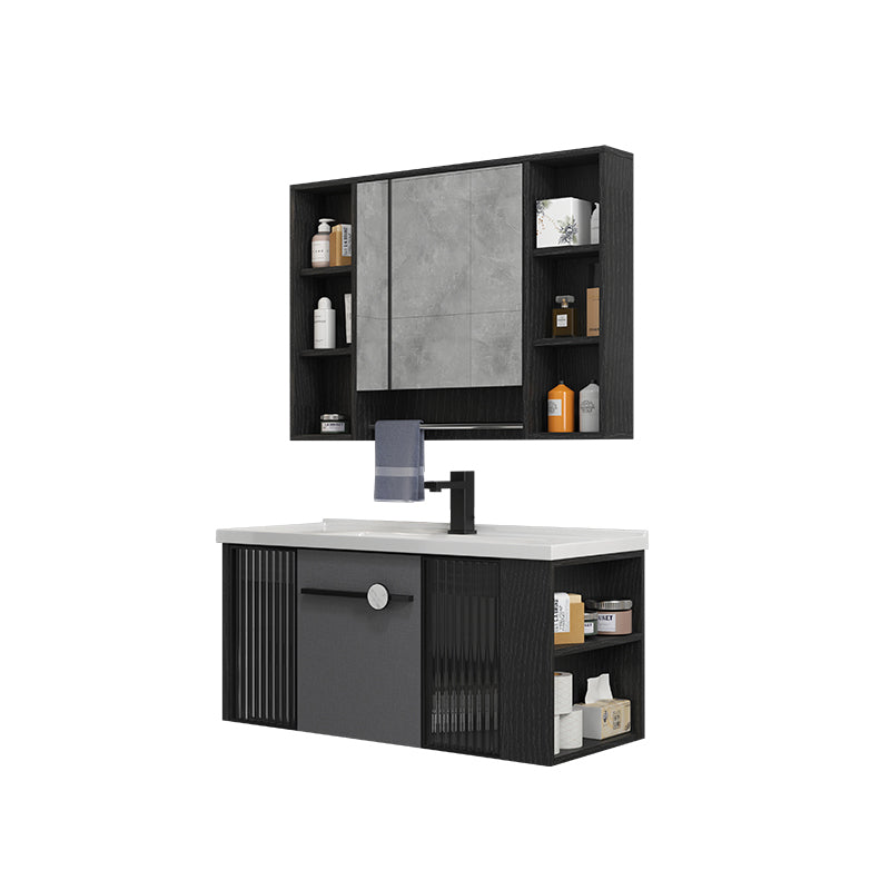Modern Wall Mount Bathroom Vanity Black Glass Single-Sink Rectangular Vanity Sink Vanity & Faucet & Mirror Cabinet 36"L x 16"W x 18"H Clearhalo 'Bathroom Remodel & Bathroom Fixtures' 'Bathroom Vanities' 'bathroom_vanities' 'Home Improvement' 'home_improvement' 'home_improvement_bathroom_vanities' 7224937