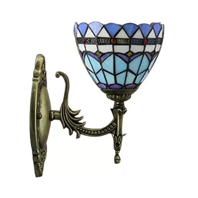 Baroque Bowl Wall Light Fixture 1 Light Blue Glass Mini Sconce Lighting in Antique Brass Clearhalo 'Industrial' 'Middle century wall lights' 'Tiffany wall lights' 'Tiffany' 'Wall Lamps & Sconces' 'Wall Lights' Lighting' 7225
