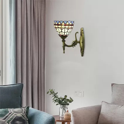 Baroque Bowl Wall Light Fixture 1 Light Blue Glass Mini Sconce Lighting in Antique Brass Blue Curved Clearhalo 'Industrial' 'Middle century wall lights' 'Tiffany wall lights' 'Tiffany' 'Wall Lamps & Sconces' 'Wall Lights' Lighting' 7226
