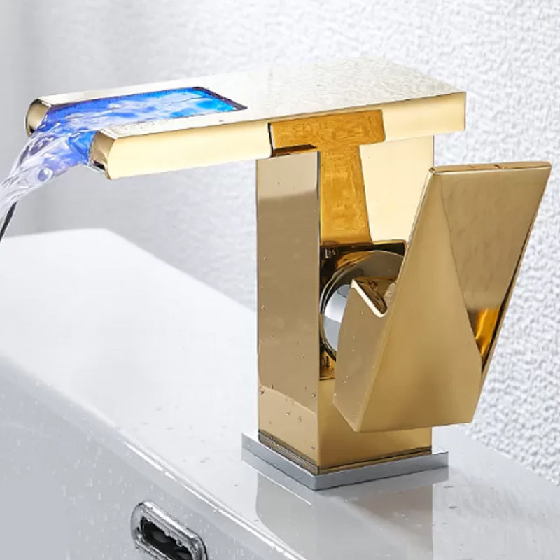 Waterfall Spout Vessel Sink Faucet Square Lever Handle with LED Three-Color Light Gold Short Clearhalo 'Bathroom Remodel & Bathroom Fixtures' 'Bathroom Sink Faucets' 'Bathroom Sinks & Faucet Components' 'bathroom_sink_faucets' 'Home Improvement' 'home_improvement' 'home_improvement_bathroom_sink_faucets' 7227269
