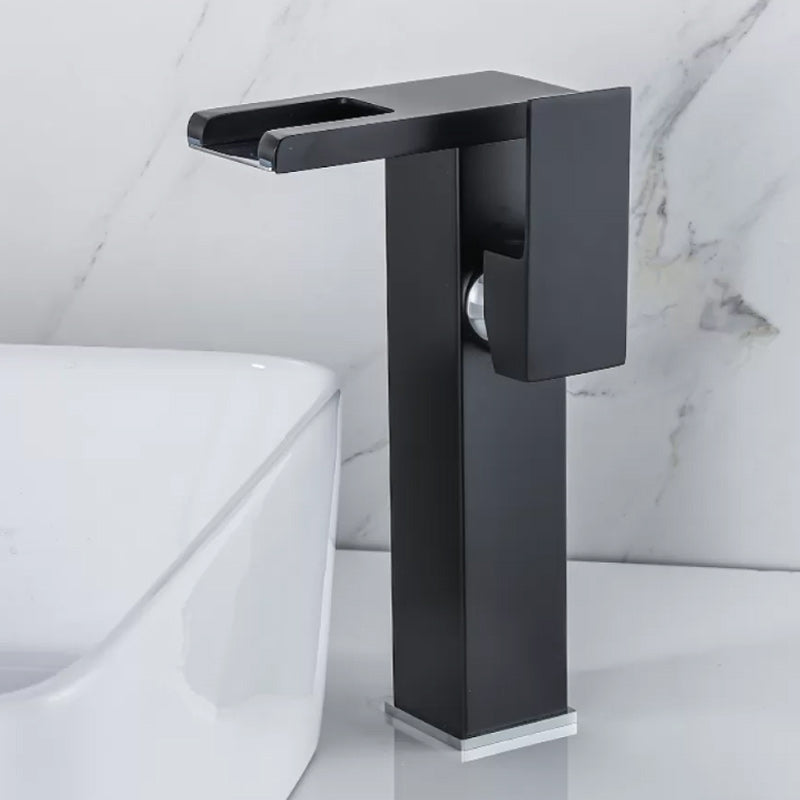 Waterfall Spout Vessel Sink Faucet Square Lever Handle with LED Three-Color Light Black Tall Clearhalo 'Bathroom Remodel & Bathroom Fixtures' 'Bathroom Sink Faucets' 'Bathroom Sinks & Faucet Components' 'bathroom_sink_faucets' 'Home Improvement' 'home_improvement' 'home_improvement_bathroom_sink_faucets' 7227275