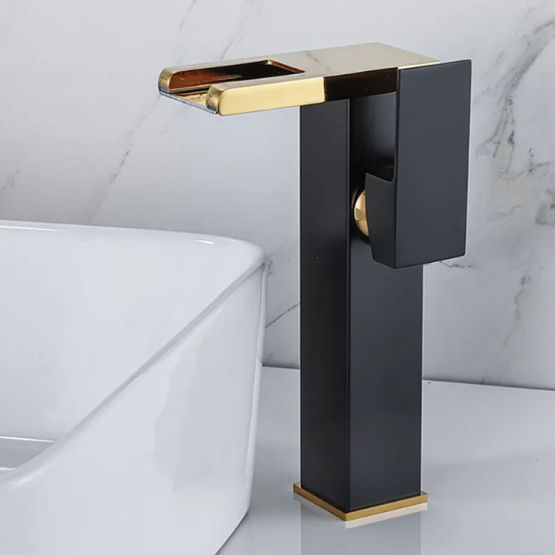 Waterfall Spout Vessel Sink Faucet Square Lever Handle with LED Three-Color Light Black-Gold Tall Clearhalo 'Bathroom Remodel & Bathroom Fixtures' 'Bathroom Sink Faucets' 'Bathroom Sinks & Faucet Components' 'bathroom_sink_faucets' 'Home Improvement' 'home_improvement' 'home_improvement_bathroom_sink_faucets' 7227283