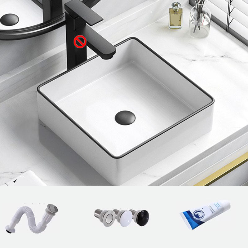 Bathroom Ceramic Sink Rectangular Rod Single Handle Faucet Sink 15"L x 15"W x 6"H Sink with Drainage Components Clearhalo 'Bathroom Remodel & Bathroom Fixtures' 'Bathroom Sinks & Faucet Components' 'Bathroom Sinks' 'bathroom_sink' 'Home Improvement' 'home_improvement' 'home_improvement_bathroom_sink' 7227323