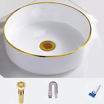 Round Bathroom Sink Ceramic Washroom Sink with Rod Handle Faucet Sink