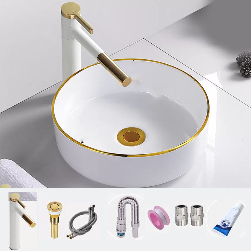 Round Bathroom Sink Ceramic Washroom Sink with Rod Handle Faucet Sink with Faucet Clearhalo 'Bathroom Remodel & Bathroom Fixtures' 'Bathroom Sinks & Faucet Components' 'Bathroom Sinks' 'bathroom_sink' 'Home Improvement' 'home_improvement' 'home_improvement_bathroom_sink' 7227402
