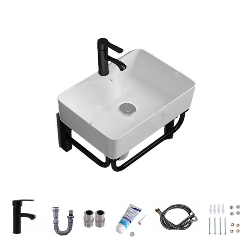 Bathroom Sink Ceramic White Wall-mounted Rod Handle Faucet Sink 19"L x 15"W x 15"H Unavailiable Sink with Faucet Clearhalo 'Bathroom Remodel & Bathroom Fixtures' 'Bathroom Sinks & Faucet Components' 'Bathroom Sinks' 'bathroom_sink' 'Home Improvement' 'home_improvement' 'home_improvement_bathroom_sink' 7227447