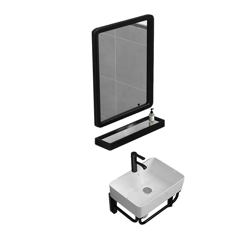 Bathroom Sink Ceramic White Wall-mounted Rod Handle Faucet Sink 19"L x 15"W x 15"H Square Mirror Sink with Faucet and Mirror Clearhalo 'Bathroom Remodel & Bathroom Fixtures' 'Bathroom Sinks & Faucet Components' 'Bathroom Sinks' 'bathroom_sink' 'Home Improvement' 'home_improvement' 'home_improvement_bathroom_sink' 7227453