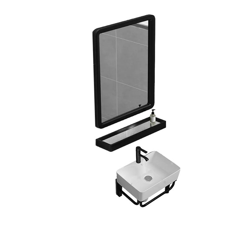 Bathroom Sink Ceramic White Wall-mounted Rod Handle Faucet Sink 16"L x 12"W x 15"H Square Mirror Sink with Faucet and Mirror Clearhalo 'Bathroom Remodel & Bathroom Fixtures' 'Bathroom Sinks & Faucet Components' 'Bathroom Sinks' 'bathroom_sink' 'Home Improvement' 'home_improvement' 'home_improvement_bathroom_sink' 7227455