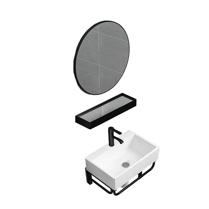 Bathroom Sink Ceramic White Wall-mounted Rod Handle Faucet Sink 20"L x 14"W x 15"H Round Mirror Sink with Faucet and Mirror Clearhalo 'Bathroom Remodel & Bathroom Fixtures' 'Bathroom Sinks & Faucet Components' 'Bathroom Sinks' 'bathroom_sink' 'Home Improvement' 'home_improvement' 'home_improvement_bathroom_sink' 7227458