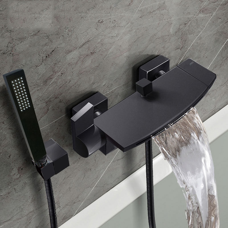 Modern Waterfall Bath Faucet Solid Color Wall Mounted Bathroom Faucet Black Hand Shower Included Clearhalo 'Bathroom Remodel & Bathroom Fixtures' 'Bathtub Faucets' 'bathtub_faucets' 'Home Improvement' 'home_improvement' 'home_improvement_bathtub_faucets' 7227526