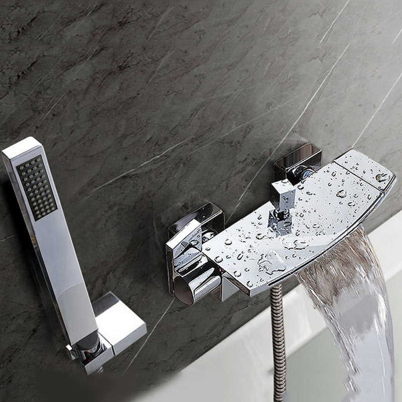 Modern Waterfall Bath Faucet Solid Color Wall Mounted Bathroom Faucet Silver Hand Shower Included Clearhalo 'Bathroom Remodel & Bathroom Fixtures' 'Bathtub Faucets' 'bathtub_faucets' 'Home Improvement' 'home_improvement' 'home_improvement_bathtub_faucets' 7227528