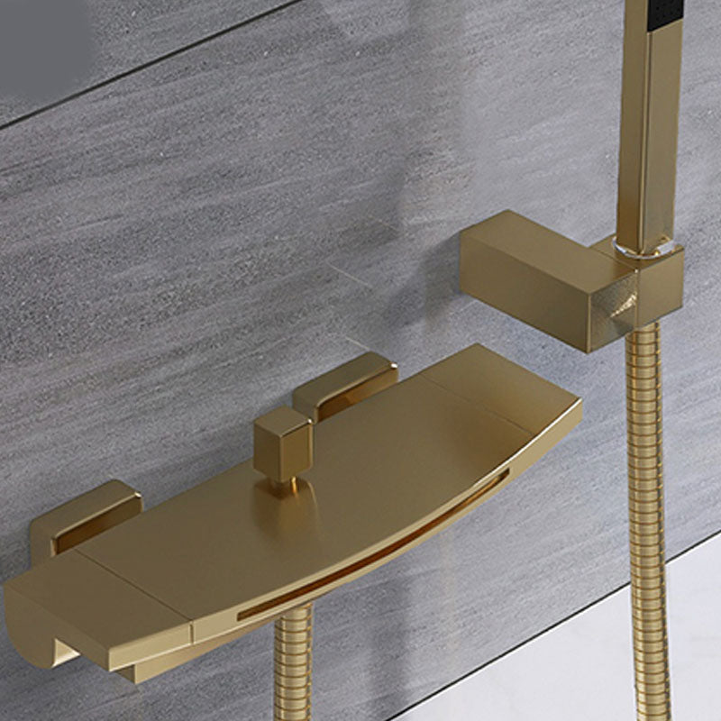 Modern Waterfall Bath Faucet Solid Color Wall Mounted Bathroom Faucet Gold Hand Shower Included Clearhalo 'Bathroom Remodel & Bathroom Fixtures' 'Bathtub Faucets' 'bathtub_faucets' 'Home Improvement' 'home_improvement' 'home_improvement_bathtub_faucets' 7227536