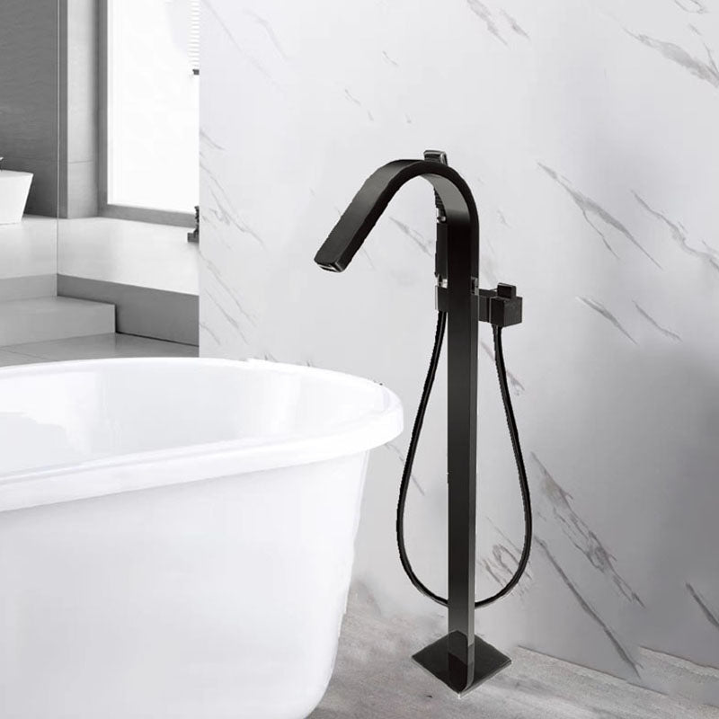Brass Freestanding Tub Filler with Hose Floor Mounted Bathroom Faucet Black High Arc Clearhalo 'Bathroom Remodel & Bathroom Fixtures' 'Bathtub Faucets' 'bathtub_faucets' 'Home Improvement' 'home_improvement' 'home_improvement_bathtub_faucets' 7227544