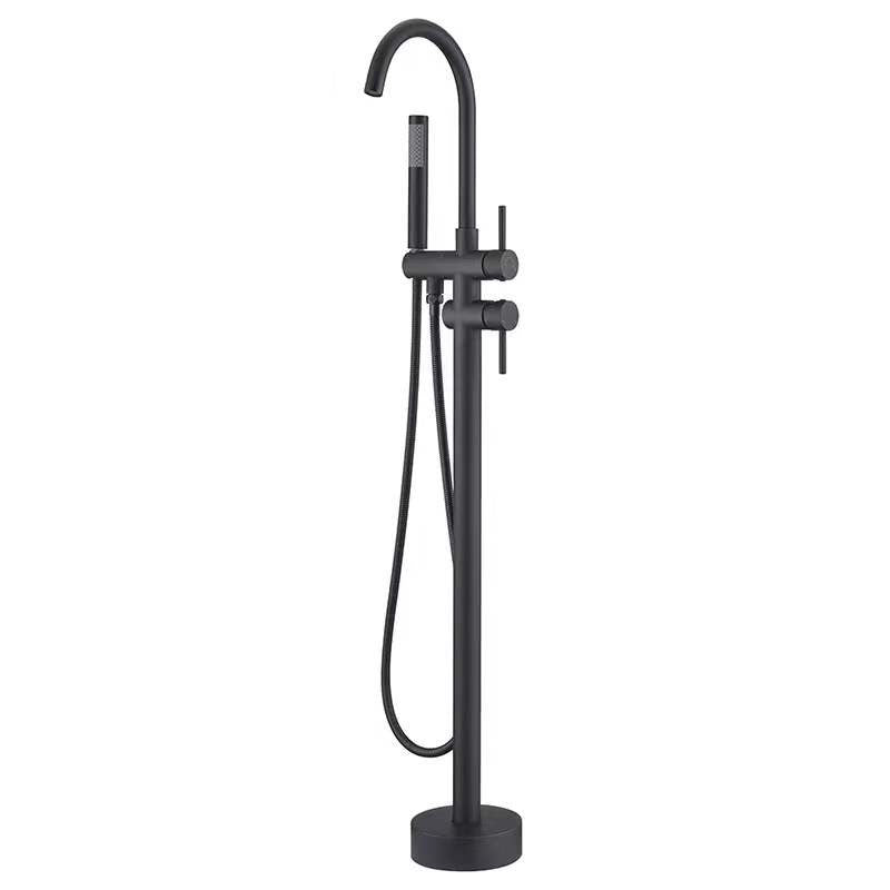Brass Freestanding Tub Filler with Hose Floor Mounted Bathroom Faucet Black Round Clearhalo 'Bathroom Remodel & Bathroom Fixtures' 'Bathtub Faucets' 'bathtub_faucets' 'Home Improvement' 'home_improvement' 'home_improvement_bathtub_faucets' 7227545