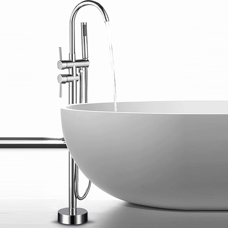 Brass Freestanding Tub Filler with Hose Floor Mounted Bathroom Faucet Chrome Round Clearhalo 'Bathroom Remodel & Bathroom Fixtures' 'Bathtub Faucets' 'bathtub_faucets' 'Home Improvement' 'home_improvement' 'home_improvement_bathtub_faucets' 7227546