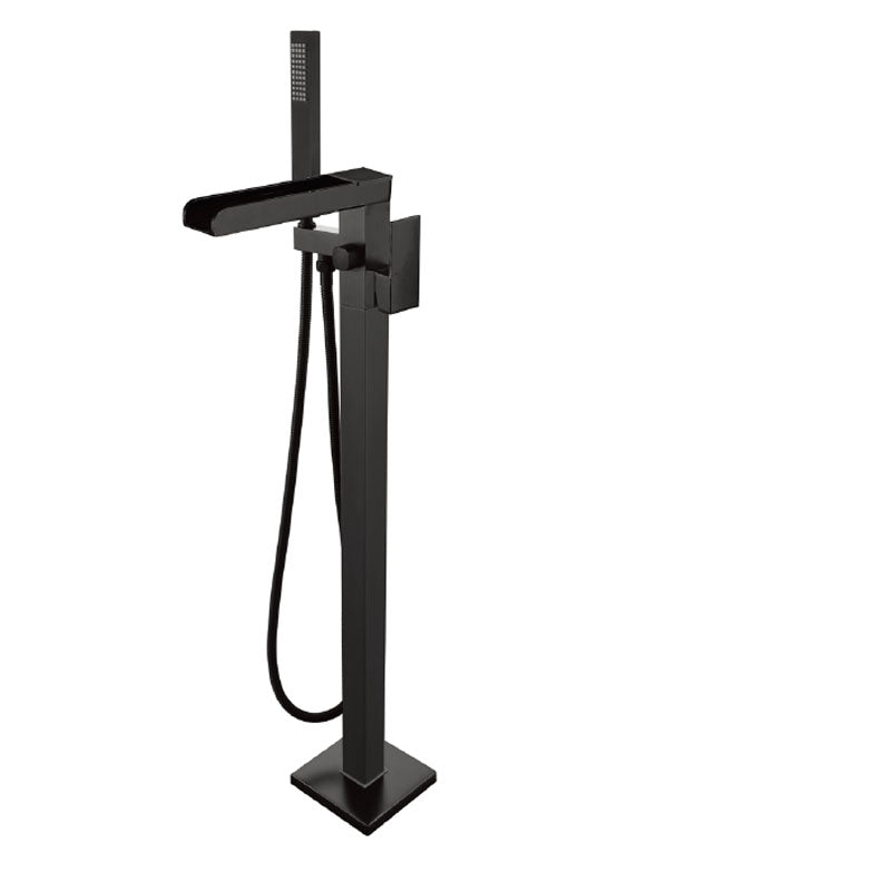 Brass Freestanding Tub Filler with Hose Floor Mounted Bathroom Faucet Black Square Clearhalo 'Bathroom Remodel & Bathroom Fixtures' 'Bathtub Faucets' 'bathtub_faucets' 'Home Improvement' 'home_improvement' 'home_improvement_bathtub_faucets' 7227547
