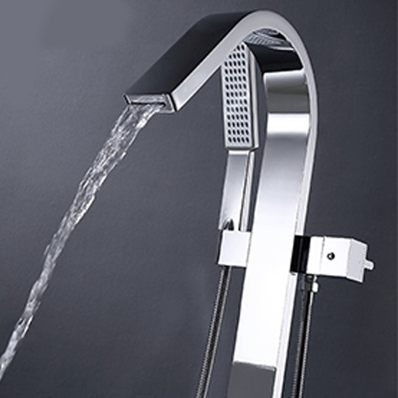 Brass Freestanding Tub Filler with Hose Floor Mounted Bathroom Faucet Clearhalo 'Bathroom Remodel & Bathroom Fixtures' 'Bathtub Faucets' 'bathtub_faucets' 'Home Improvement' 'home_improvement' 'home_improvement_bathtub_faucets' 7227548