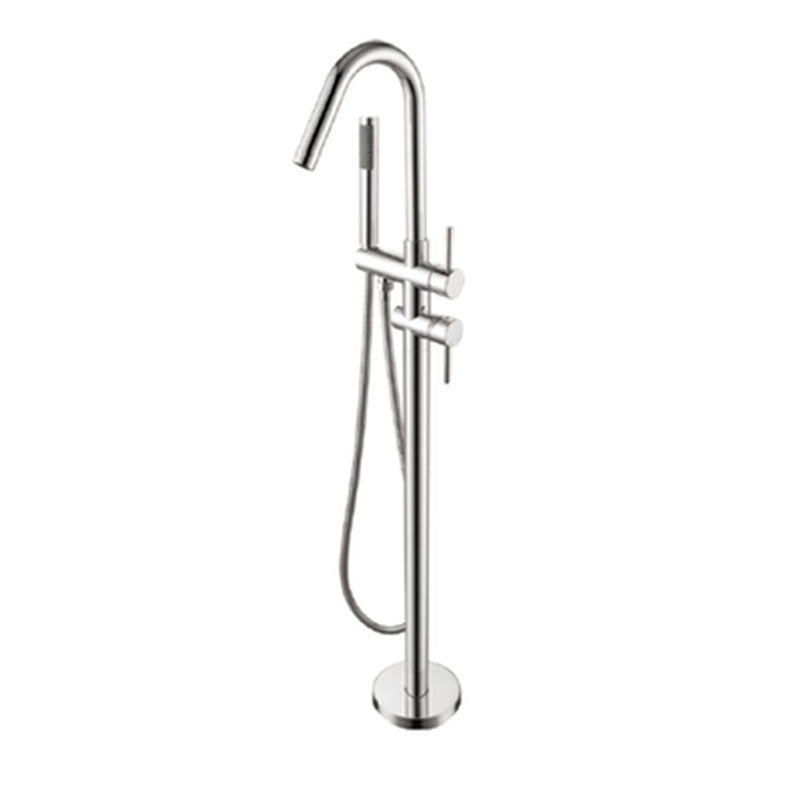 Brass Freestanding Tub Filler with Hose Floor Mounted Bathroom Faucet Silver Gooseneck Clearhalo 'Bathroom Remodel & Bathroom Fixtures' 'Bathtub Faucets' 'bathtub_faucets' 'Home Improvement' 'home_improvement' 'home_improvement_bathtub_faucets' 7227549