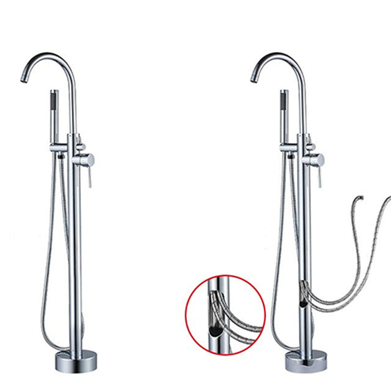 Brass Freestanding Tub Filler with Hose Floor Mounted Bathroom Faucet Clearhalo 'Bathroom Remodel & Bathroom Fixtures' 'Bathtub Faucets' 'bathtub_faucets' 'Home Improvement' 'home_improvement' 'home_improvement_bathtub_faucets' 7227550