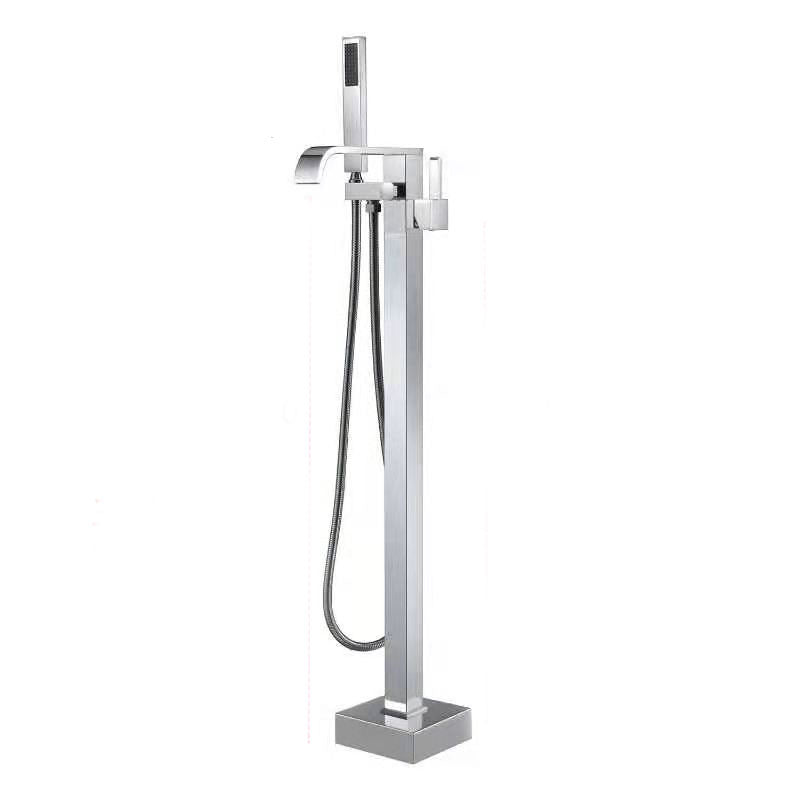 Brass Freestanding Tub Filler with Hose Floor Mounted Bathroom Faucet Silver Flat Clearhalo 'Bathroom Remodel & Bathroom Fixtures' 'Bathtub Faucets' 'bathtub_faucets' 'Home Improvement' 'home_improvement' 'home_improvement_bathtub_faucets' 7227554