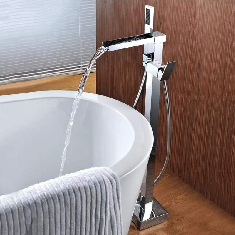 Brass Freestanding Tub Filler with Hose Floor Mounted Bathroom Faucet Chrome Square Clearhalo 'Bathroom Remodel & Bathroom Fixtures' 'Bathtub Faucets' 'bathtub_faucets' 'Home Improvement' 'home_improvement' 'home_improvement_bathtub_faucets' 7227556