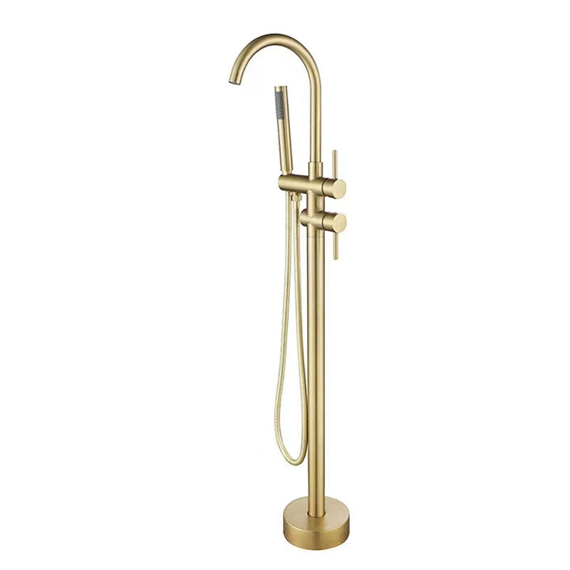 Brass Freestanding Tub Filler with Hose Floor Mounted Bathroom Faucet Gold Round Clearhalo 'Bathroom Remodel & Bathroom Fixtures' 'Bathtub Faucets' 'bathtub_faucets' 'Home Improvement' 'home_improvement' 'home_improvement_bathtub_faucets' 7227560