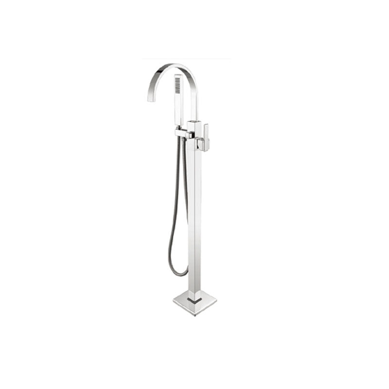 Brass Freestanding Tub Filler with Hose Floor Mounted Bathroom Faucet Silver Gray Elbow Outlet Clearhalo 'Bathroom Remodel & Bathroom Fixtures' 'Bathtub Faucets' 'bathtub_faucets' 'Home Improvement' 'home_improvement' 'home_improvement_bathtub_faucets' 7227562
