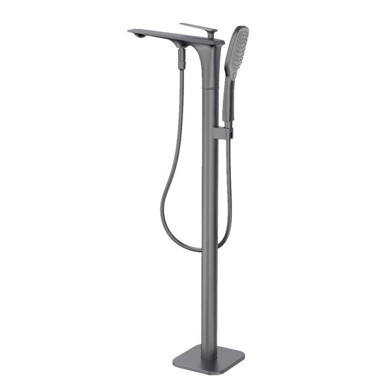Brass Freestanding Tub Filler with Hose Floor Mounted Bathroom Faucet Gun Grey 7 Shape Clearhalo 'Bathroom Remodel & Bathroom Fixtures' 'Bathtub Faucets' 'bathtub_faucets' 'Home Improvement' 'home_improvement' 'home_improvement_bathtub_faucets' 7227564