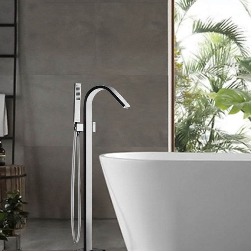 Brass Freestanding Tub Filler with Hose Floor Mounted Bathroom Faucet Gun Grey High Arc Clearhalo 'Bathroom Remodel & Bathroom Fixtures' 'Bathtub Faucets' 'bathtub_faucets' 'Home Improvement' 'home_improvement' 'home_improvement_bathtub_faucets' 7227568
