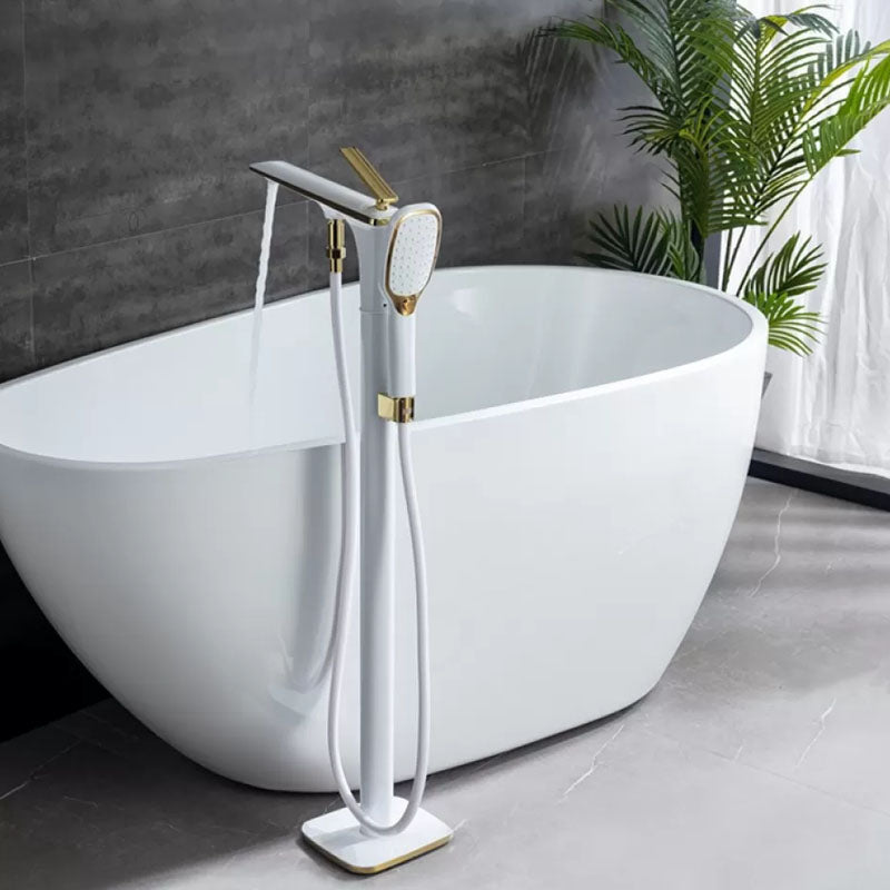 Brass Freestanding Tub Filler with Hose Floor Mounted Bathroom Faucet White-Gold 7 Shape Clearhalo 'Bathroom Remodel & Bathroom Fixtures' 'Bathtub Faucets' 'bathtub_faucets' 'Home Improvement' 'home_improvement' 'home_improvement_bathtub_faucets' 7227569