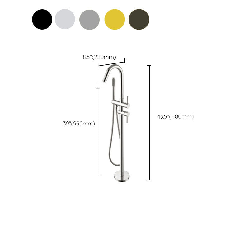 Brass Freestanding Tub Filler with Hose Floor Mounted Bathroom Faucet Clearhalo 'Bathroom Remodel & Bathroom Fixtures' 'Bathtub Faucets' 'bathtub_faucets' 'Home Improvement' 'home_improvement' 'home_improvement_bathtub_faucets' 7227572