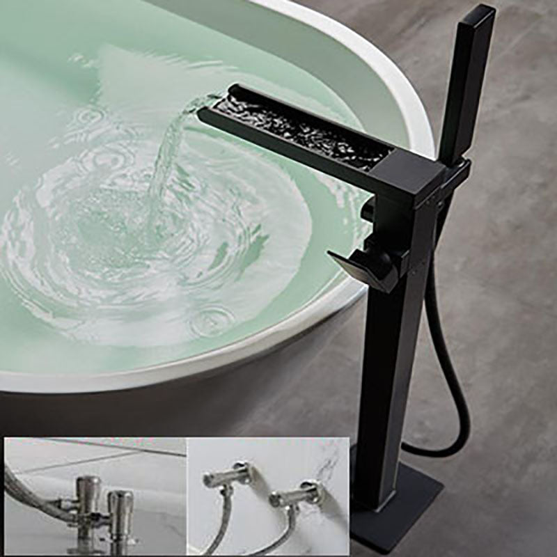 Brass Freestanding Tub Filler with Waterfall Spout Floor Mounted Bathroom Faucet Black Wall Clearhalo 'Bathroom Remodel & Bathroom Fixtures' 'Bathtub Faucets' 'bathtub_faucets' 'Home Improvement' 'home_improvement' 'home_improvement_bathtub_faucets' 7227581