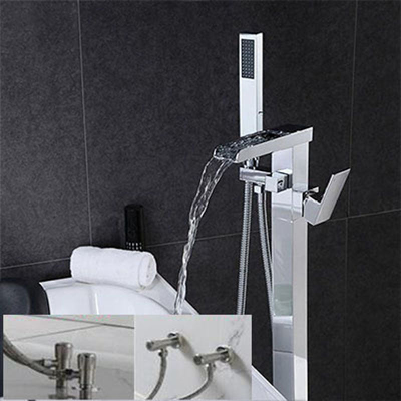 Brass Freestanding Tub Filler with Waterfall Spout Floor Mounted Bathroom Faucet Chrome Wall Clearhalo 'Bathroom Remodel & Bathroom Fixtures' 'Bathtub Faucets' 'bathtub_faucets' 'Home Improvement' 'home_improvement' 'home_improvement_bathtub_faucets' 7227586