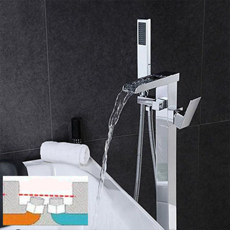 Brass Freestanding Tub Filler with Waterfall Spout Floor Mounted Bathroom Faucet Chrome Ground Clearhalo 'Bathroom Remodel & Bathroom Fixtures' 'Bathtub Faucets' 'bathtub_faucets' 'Home Improvement' 'home_improvement' 'home_improvement_bathtub_faucets' 7227590