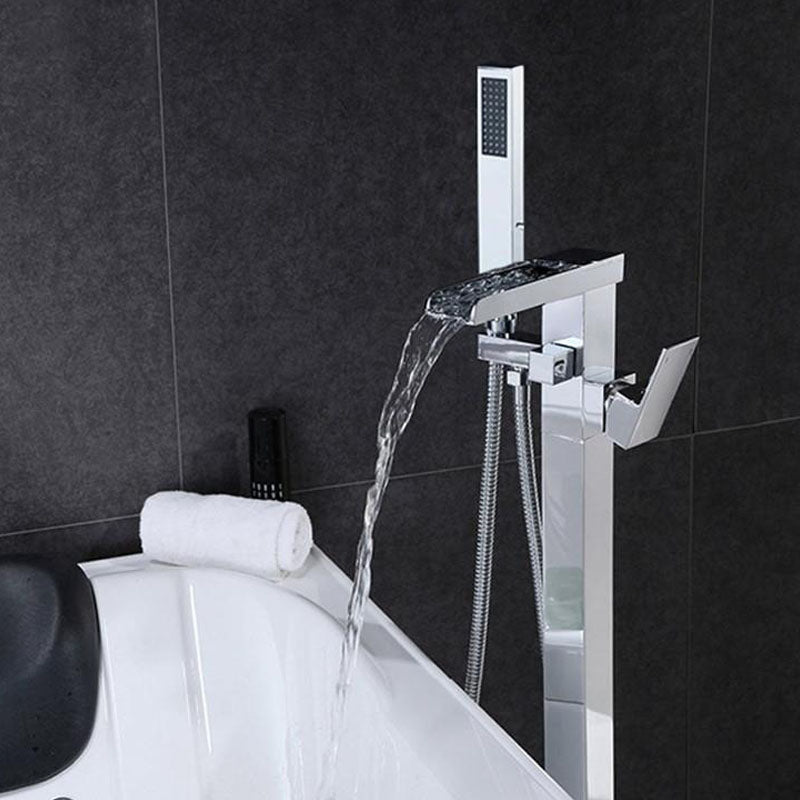 Brass Freestanding Tub Filler with Waterfall Spout Floor Mounted Bathroom Faucet Clearhalo 'Bathroom Remodel & Bathroom Fixtures' 'Bathtub Faucets' 'bathtub_faucets' 'Home Improvement' 'home_improvement' 'home_improvement_bathtub_faucets' 7227592