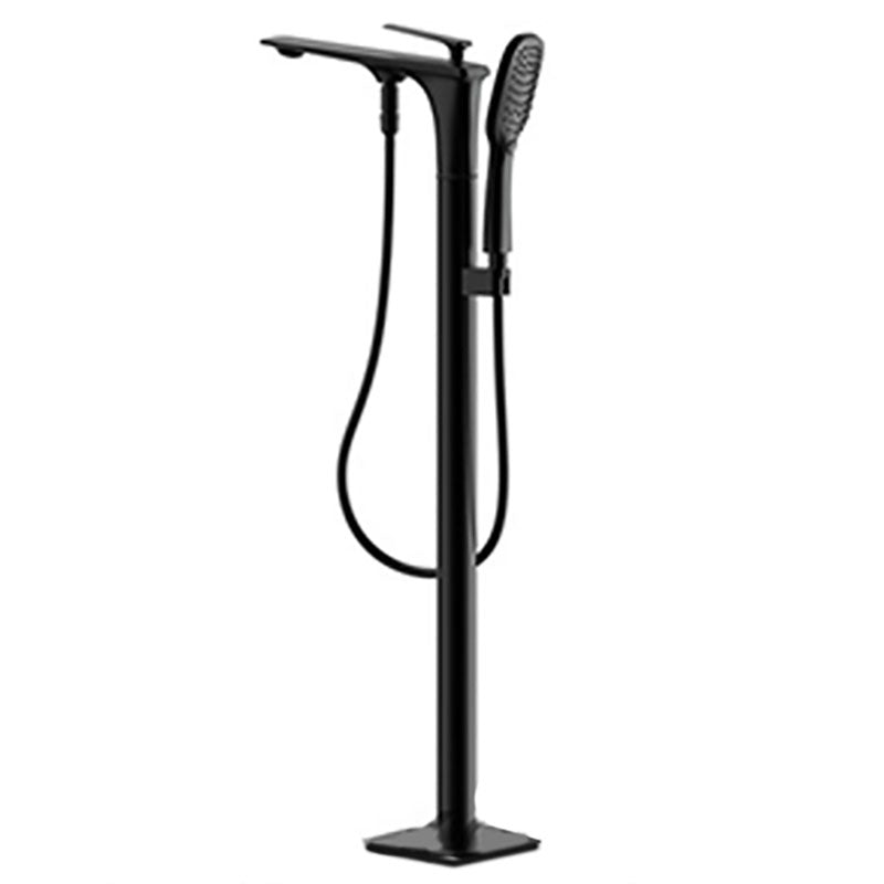Modern Freestanding Tub Filler with Hand Shower Floor Mounted Bathroom Faucet Black Lever Handles Waterfall Faucet Not Included Clearhalo 'Bathroom Remodel & Bathroom Fixtures' 'Bathtub Faucets' 'bathtub_faucets' 'Home Improvement' 'home_improvement' 'home_improvement_bathtub_faucets' 7227601